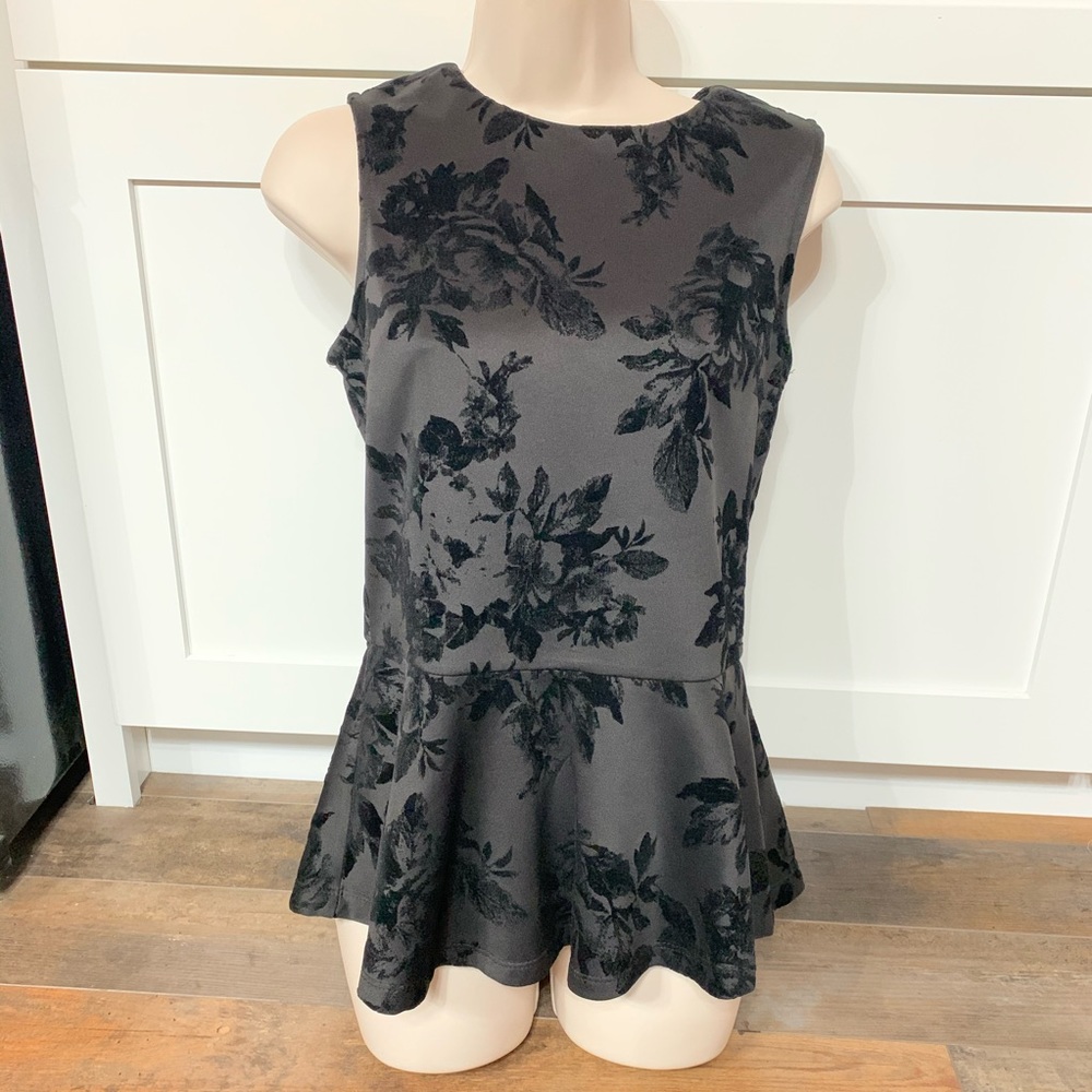 Women’s Bobeau Black Velvet Floral Peplum Shirt